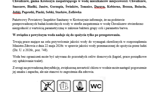 Zdjęcie do Komunikat Państwowego Powiatowego Inspektora Sanitarnego w Krotoszynie  z dnia 10.07.2026 r. w sprawie jakości wody przeznaczonej     do spożycia przez ludzi 