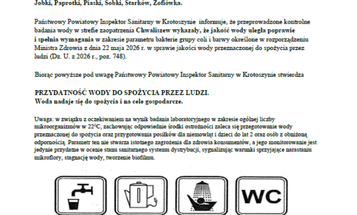 Zdjęcie do Informacja Państwowego Powiatowego Inspektora Sanitarnego w Krotoszynie z dnia 13.07.2026r. w sprawie jakości wody przeznaczonej do spożycia przez ludzi Wodociąg Chwaliszew