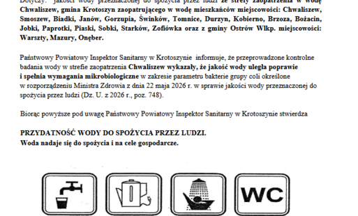 Informacja Państwowego Powiatowego Inspektora Sanitarnego w Krotoszynie z dnia 14.07.2026r. w sprawie jakości wody przeznaczonej do spożycia przez ludzi