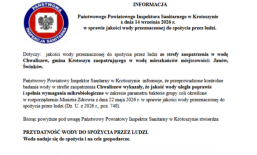 Zdjęcie do 14.09.2026 r. Aktualizacja komunikatu dot m. Śwink&oacute;w i m. Jan&oacute;w - &nbsp; Woda nadaje się do spożycia i na cele gospodarcze