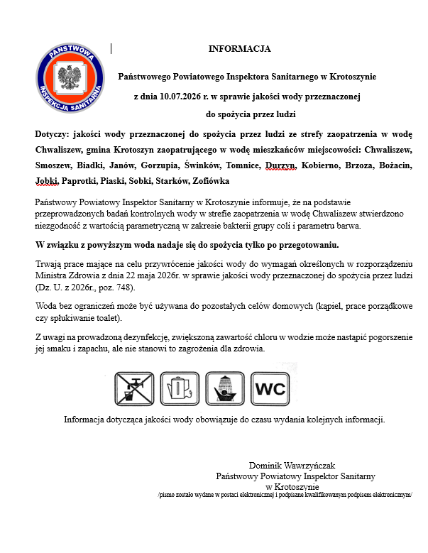 Komunikat Państwowego Powiatowego Inspektora Sanitarnego w Krotoszynie z dnia 10.07.2026 r. w sprawie jakości wody przeznaczonej do spożycia przez ludzi