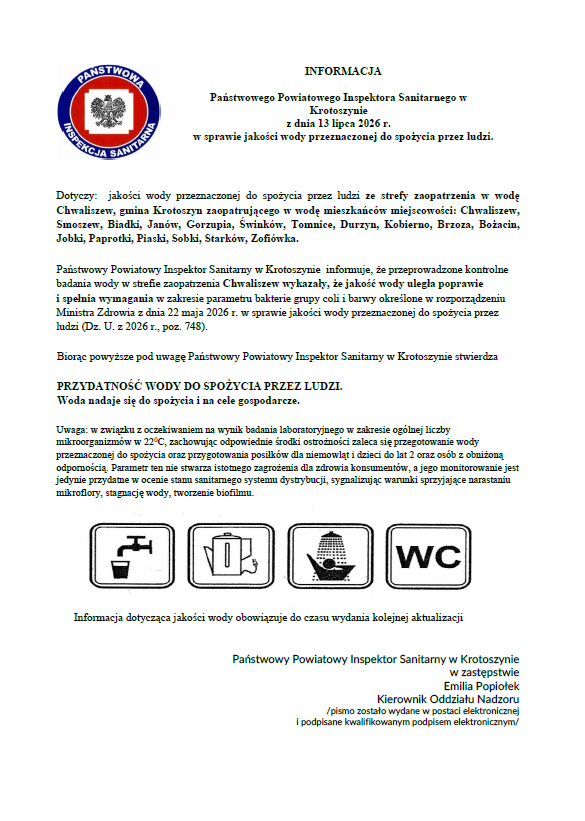 Informacja Państwowego Powiatowego Inspektora Sanitarnego w Krotoszynie z dnia 13.07.2026r. w sprawie jakości wody przeznaczonej do spożycia przez ludzi Wodociąg Chwaliszew