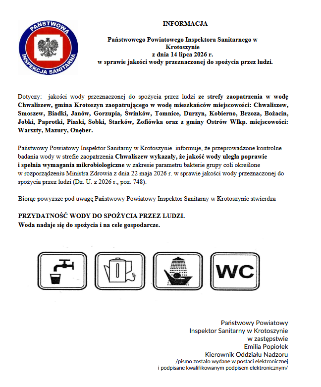 Informacja Państwowego Powiatowego Inspektora Sanitarnego w Krotoszynie z dnia 14.07.2026r. w sprawie jakości wody przeznaczonej do spożycia przez ludzi